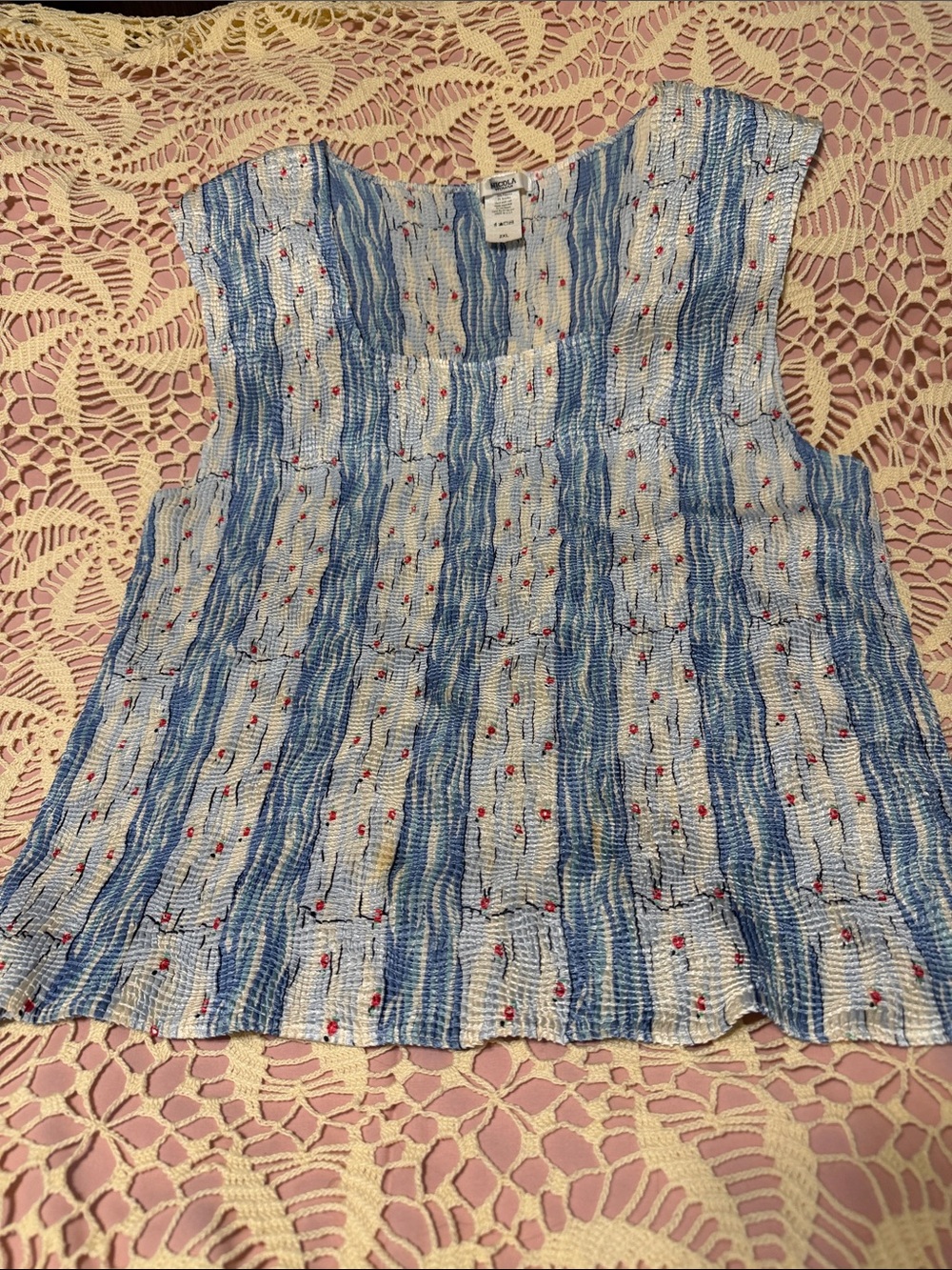 Nicola Blue and White Striped Sleeveless Tank with Red Dot Detail